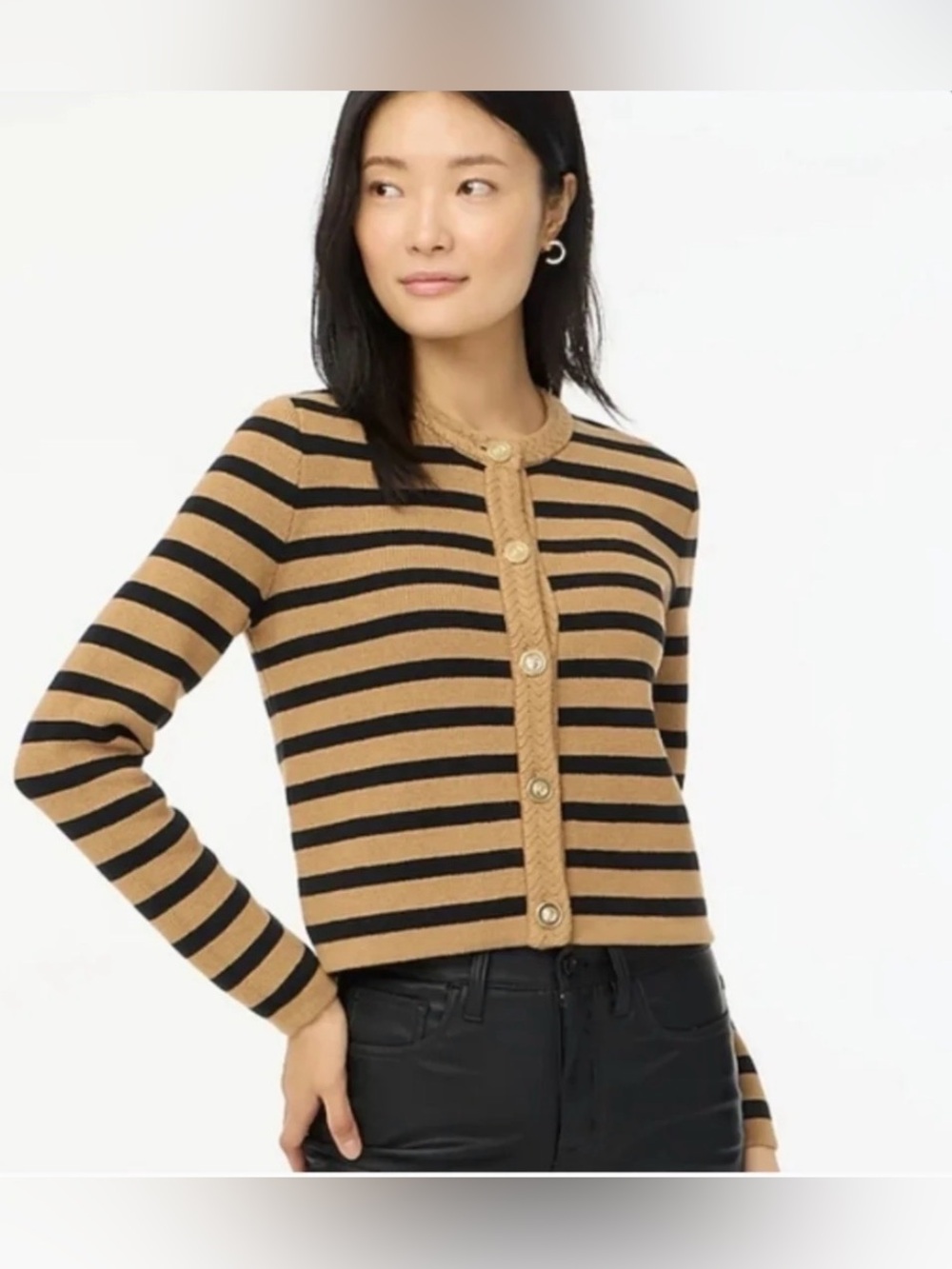 J. Crew Striped Cotton Lady Jacket Cardigan Sweater Tan Black Fall Size XS